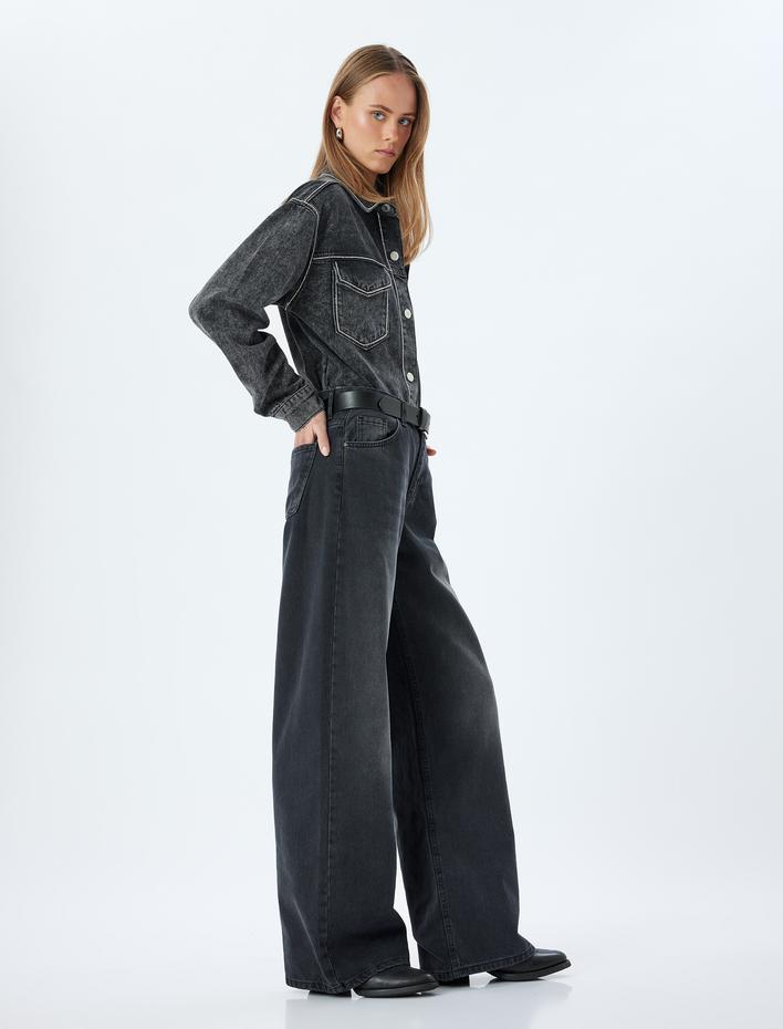  Bol Kot Pantolon Standart Bel Düğmeli Yıkamalı - Loose Straight Fit Jean
