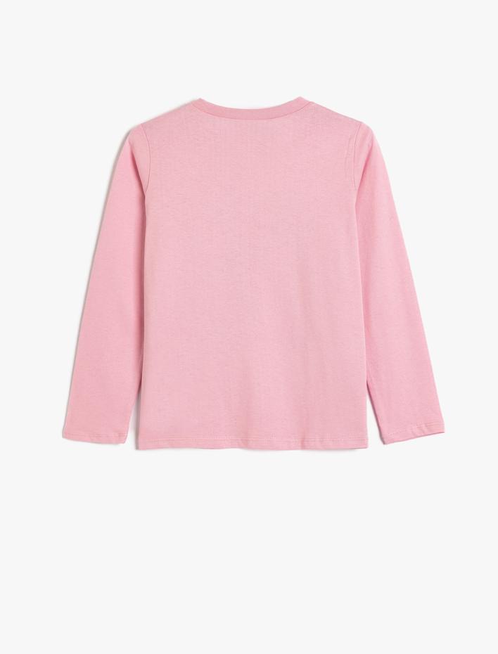 Kız Çocuk Tişört Uzun Kollu Kedi Baskılı Bisiklet Yaka Pamuklu