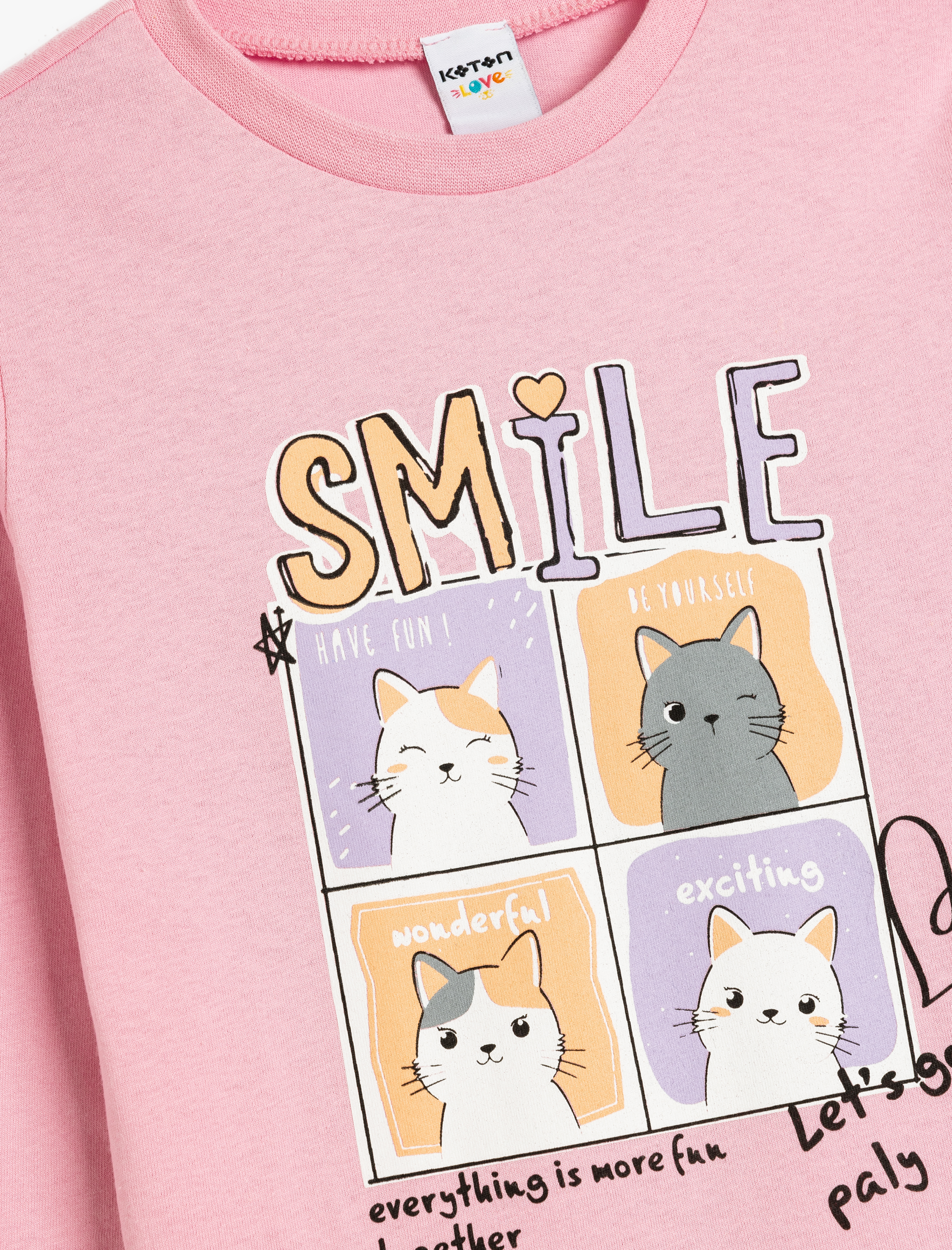  Kız Çocuk Tişört Uzun Kollu Kedi Baskılı Bisiklet Yaka Pamuklu