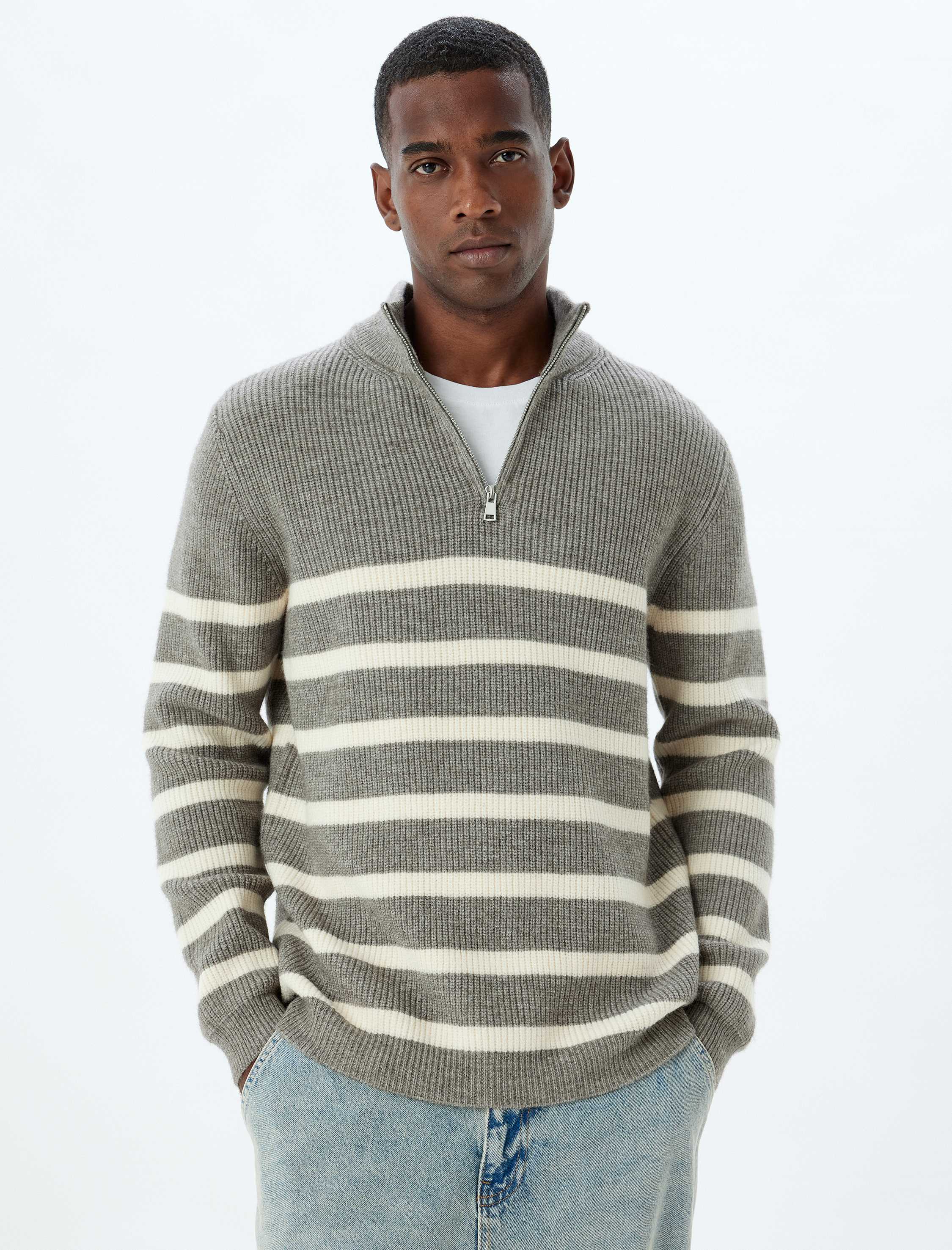   Kışlık Triko Kazak Dik Yaka Yarım Fermuarlı Uzun Kollu