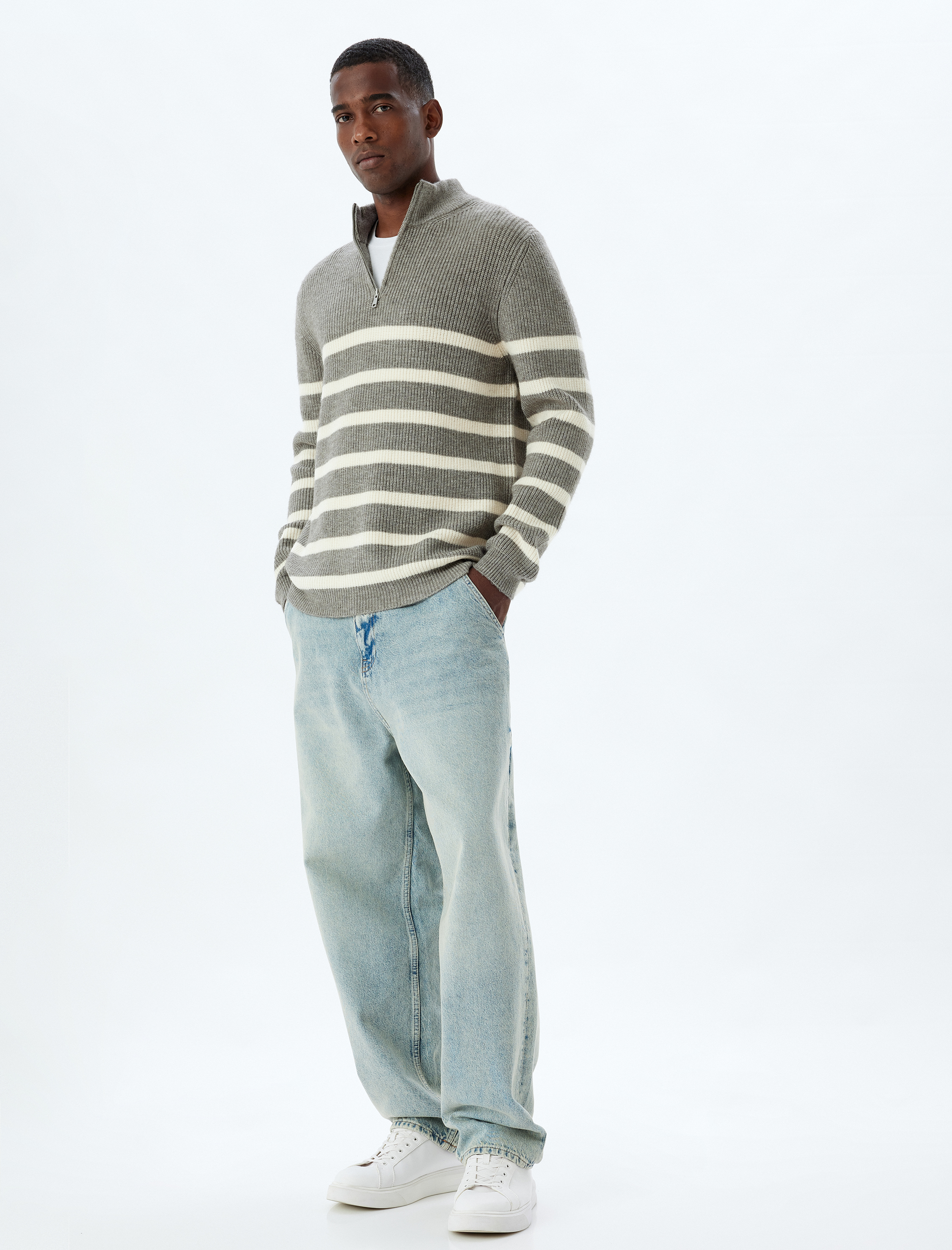   Kışlık Triko Kazak Dik Yaka Yarım Fermuarlı Uzun Kollu