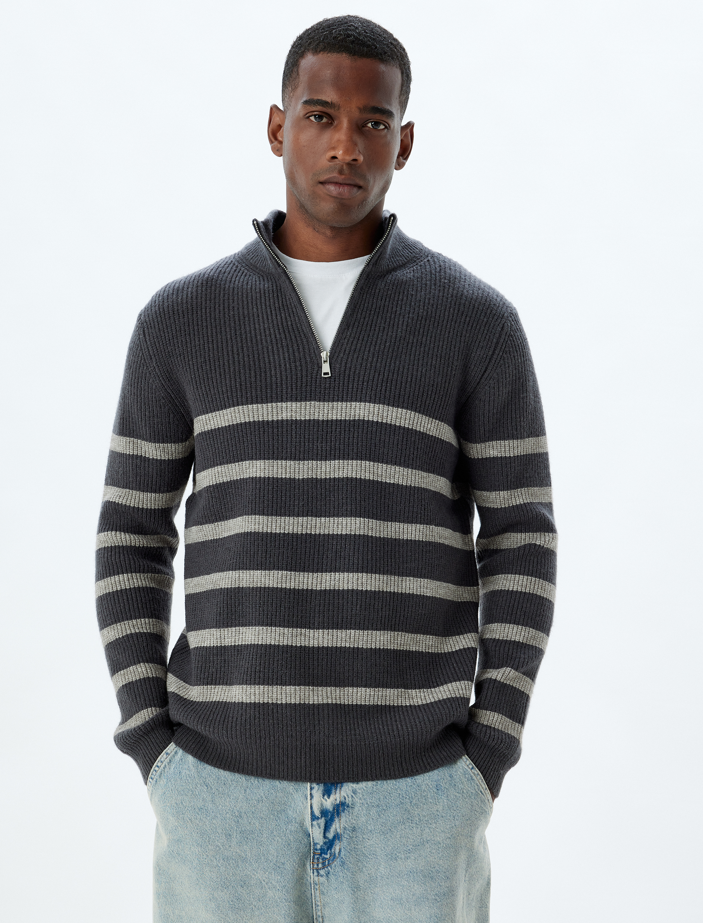   Kışlık Triko Kazak Dik Yaka Yarım Fermuarlı Uzun Kollu