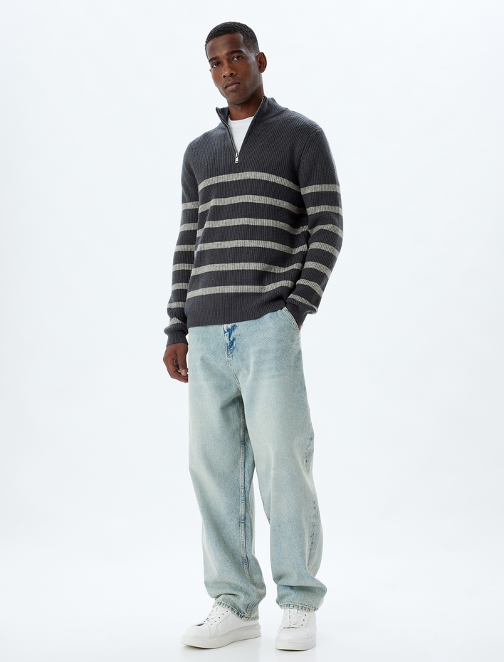  Kışlık Triko Kazak Dik Yaka Yarım Fermuarlı Uzun Kollu