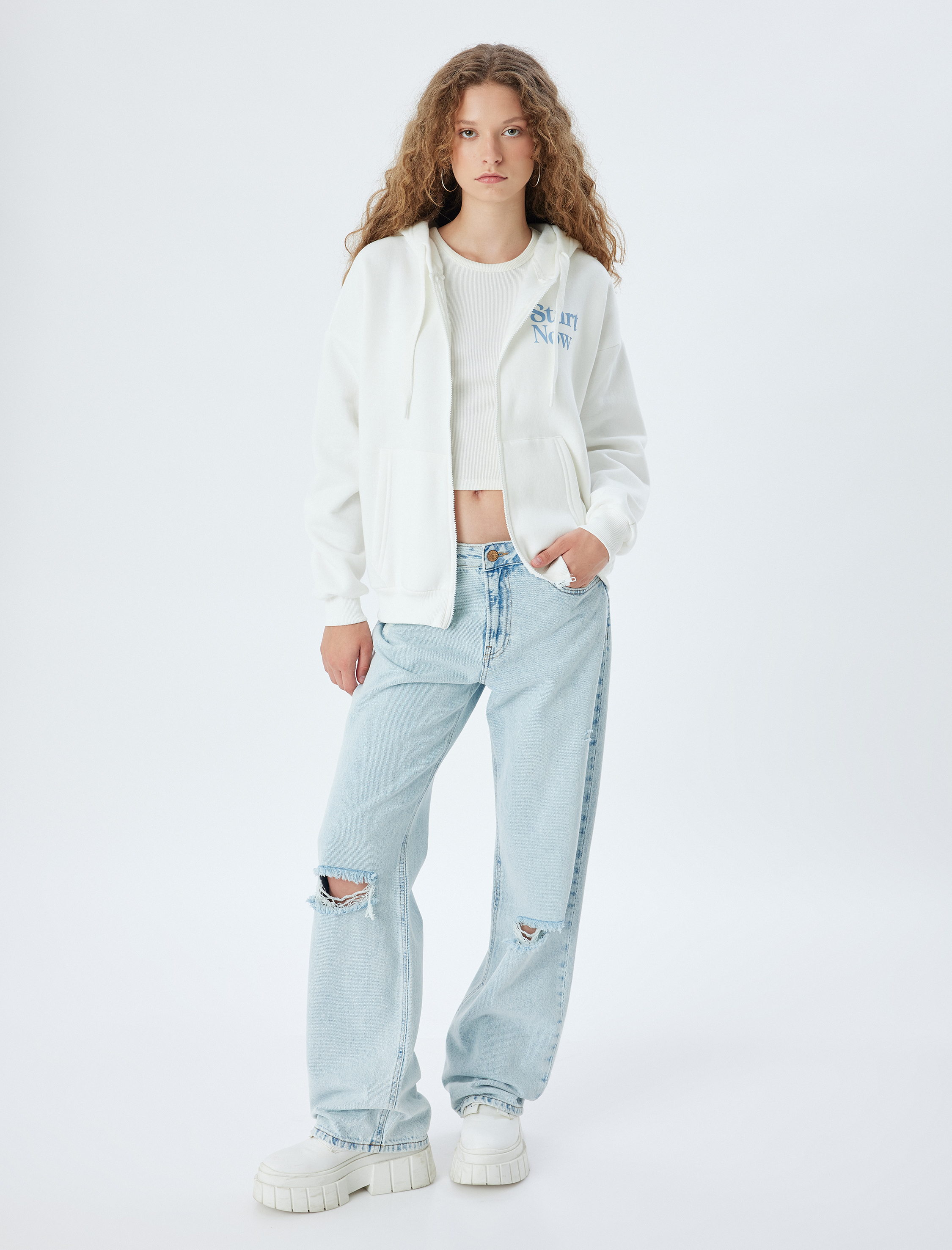   Fermuarlı Sweatshirt Kapüşonlu Oversize Kanguru Cepli Slogan Baskılı Şardonlu