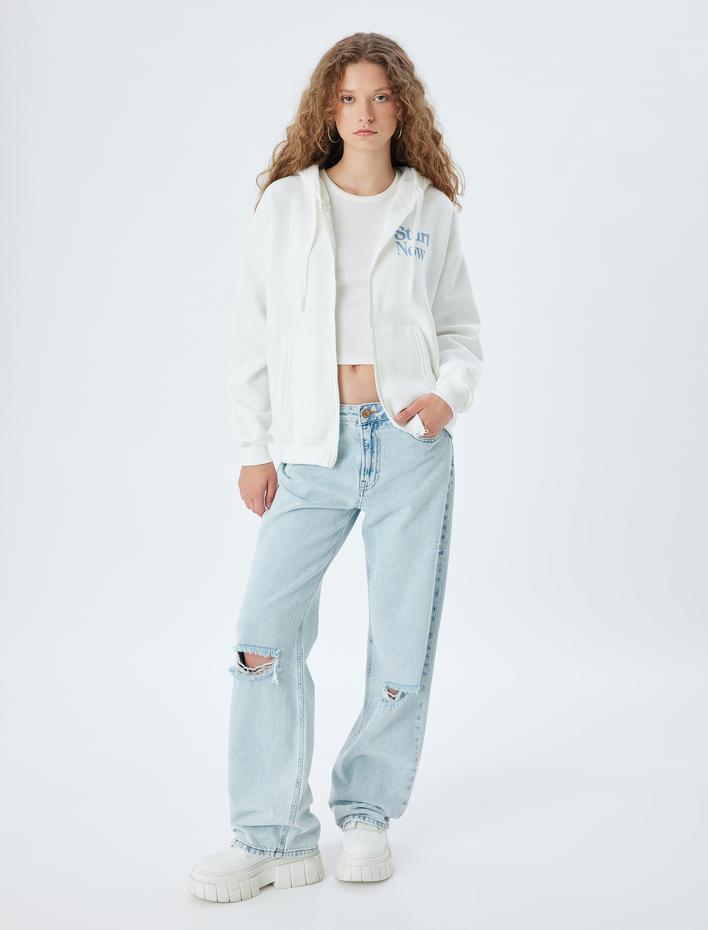  Fermuarlı Sweatshirt Kapüşonlu Oversize Kanguru Cepli Slogan Baskılı Şardonlu