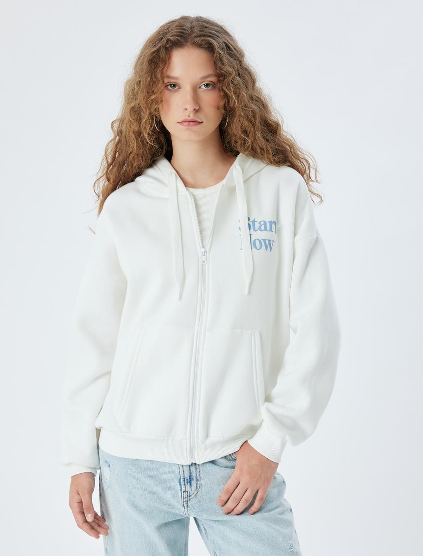   Fermuarlı Sweatshirt Kapüşonlu Oversize Kanguru Cepli Slogan Baskılı Şardonlu