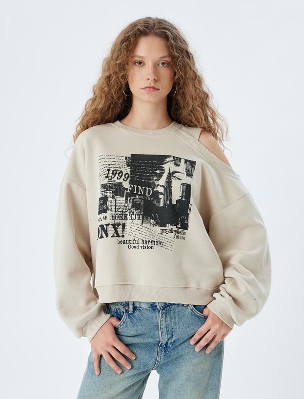 Oversize Sweatshirt Pencere Detaylı Baskılı Bisiklet Yaka Şardonlu_2