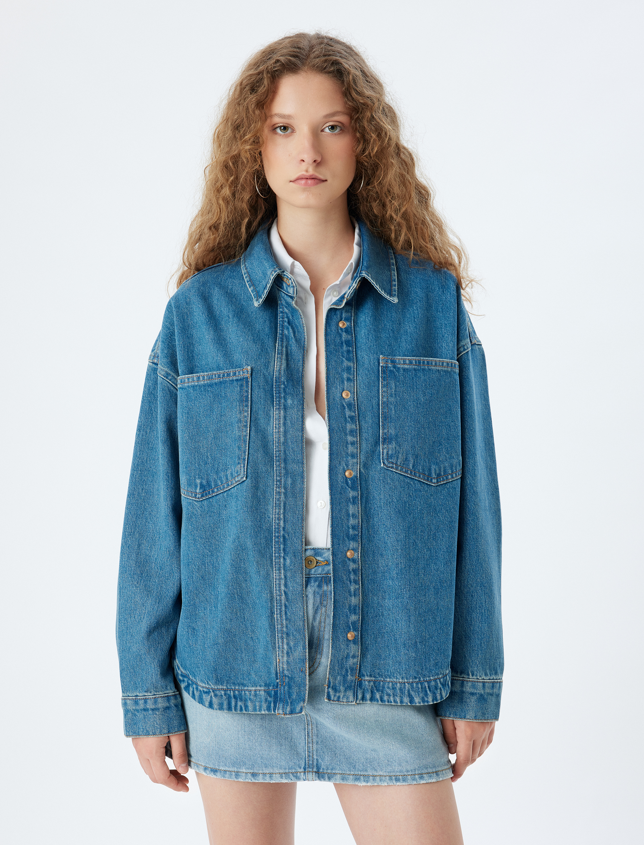 Oversize Kot Gömlek Ceket Cep Detaylı Klasik Yaka Düğmeli