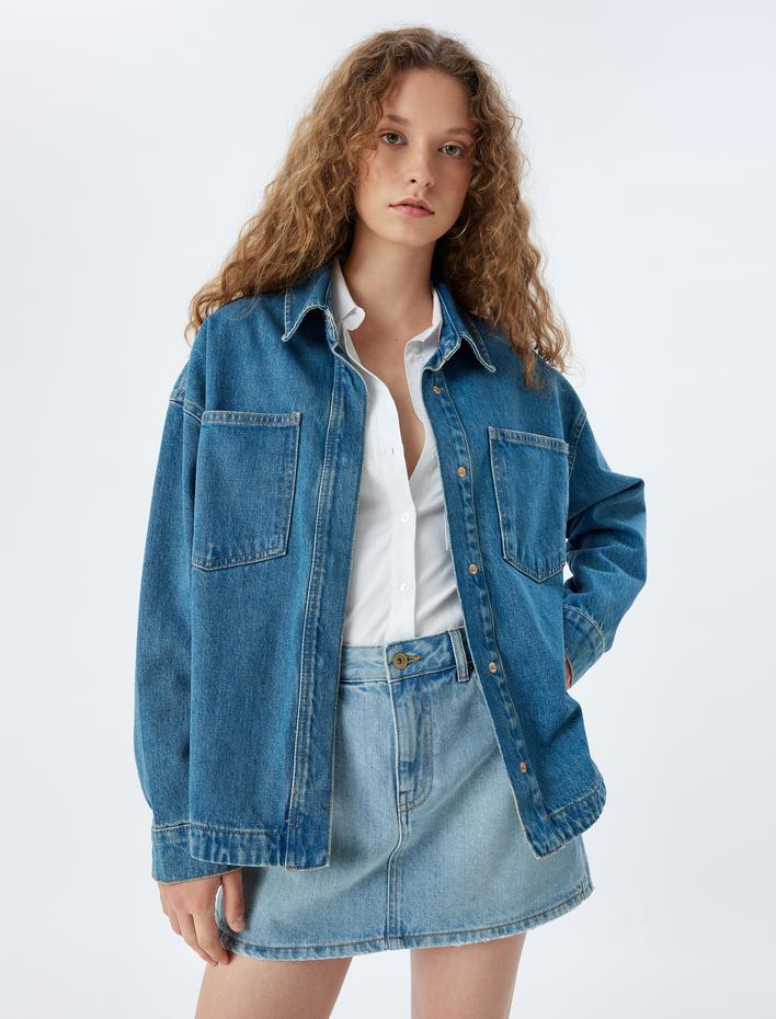  Oversize Kot Gömlek Ceket Cep Detaylı Klasik Yaka Düğmeli