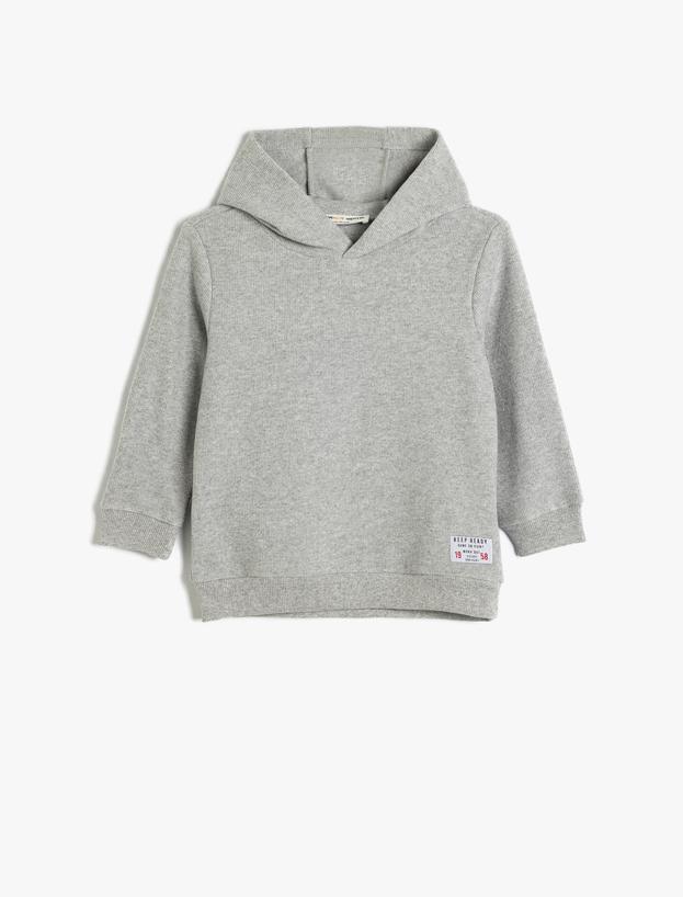 Basic Kapşonlu Sweatshirt Uzun Kollu Bisiklet Yaka Dokulu_0