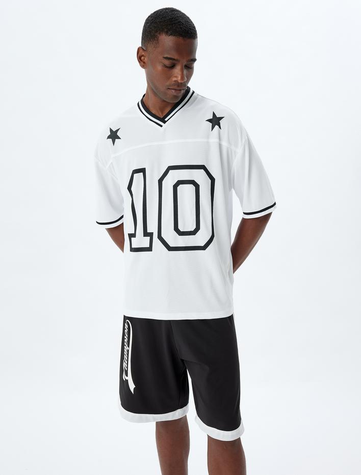  Spor Tişört Oversize V Yaka Kısa Kollu Sayı Baskılı