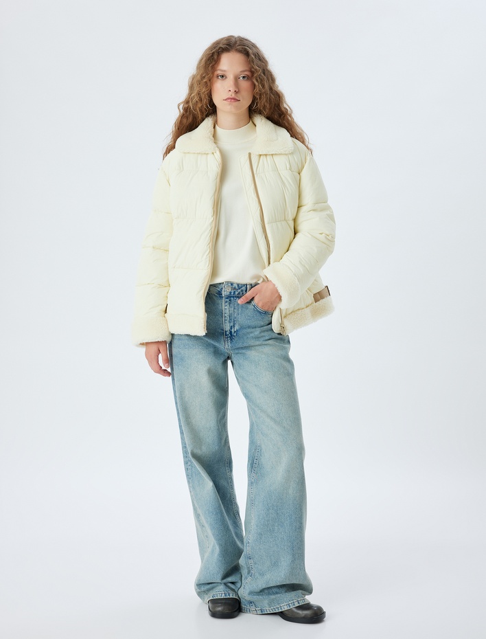  Şişme Mont Klasik Peluş Yaka Fermuarlı Cep Detaylı