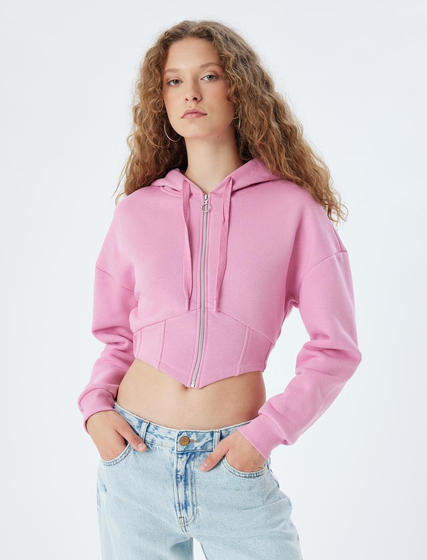   Crop Sweatshirt Fermuarlı Korse Görünümlü Kapüşonlu