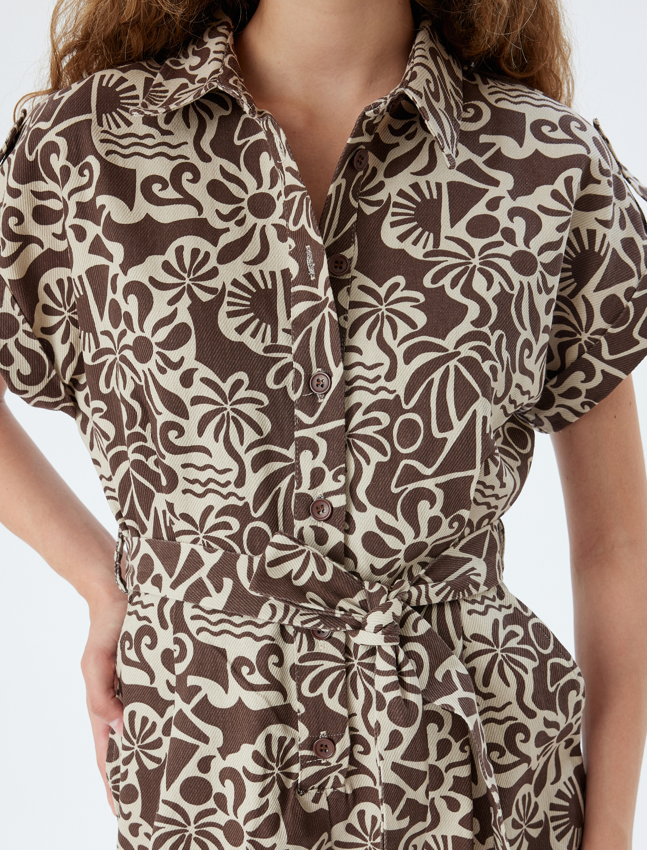   Şort Tulum Kısa Kollu Düğmeli Etnik Desenli Beli Kuşaklı Pamuklu