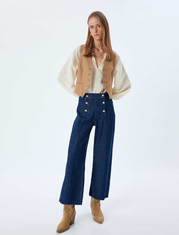 Yüksek Bel Geniş Paça Kot Pantolon Düğme Detaylı Culotte Jeans_1