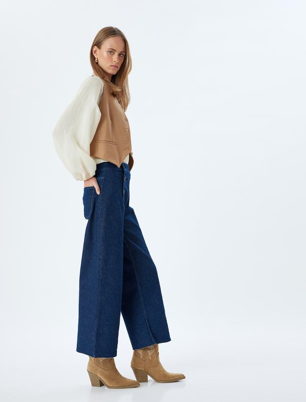 Yüksek Bel Geniş Paça Kot Pantolon Düğme Detaylı Culotte Jeans_0