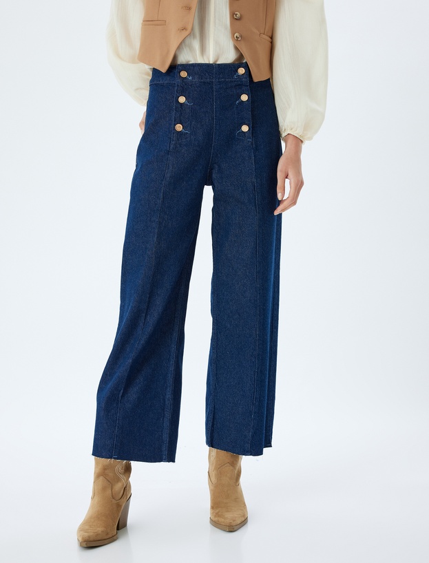 Yüksek Bel Geniş Paça Kot Pantolon Düğme Detaylı Culotte Jeans_2