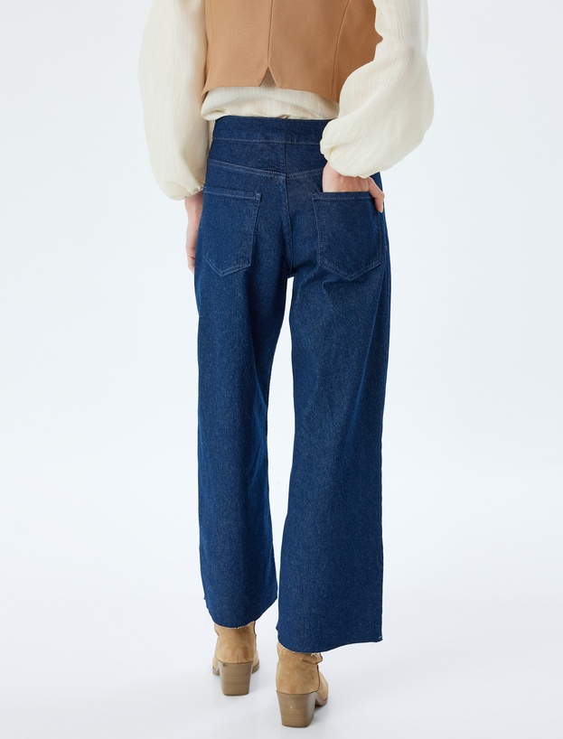 Yüksek Bel Geniş Paça Kot Pantolon Düğme Detaylı Culotte Jeans_3