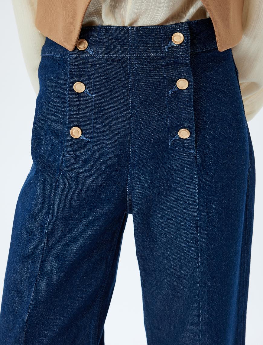   Yüksek Bel Geniş Paça Kot Pantolon Düğme Detaylı Culotte Jeans