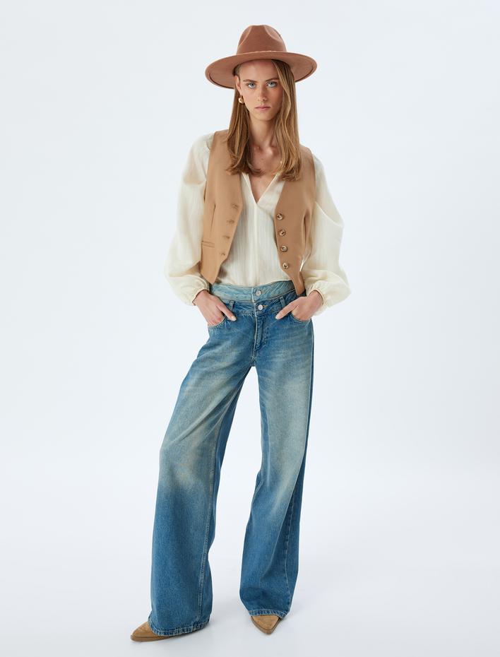 Bol Kesim Kot Pantolon Çift Bel Detaylı Düğmeli - Loose Straight Fit Jean