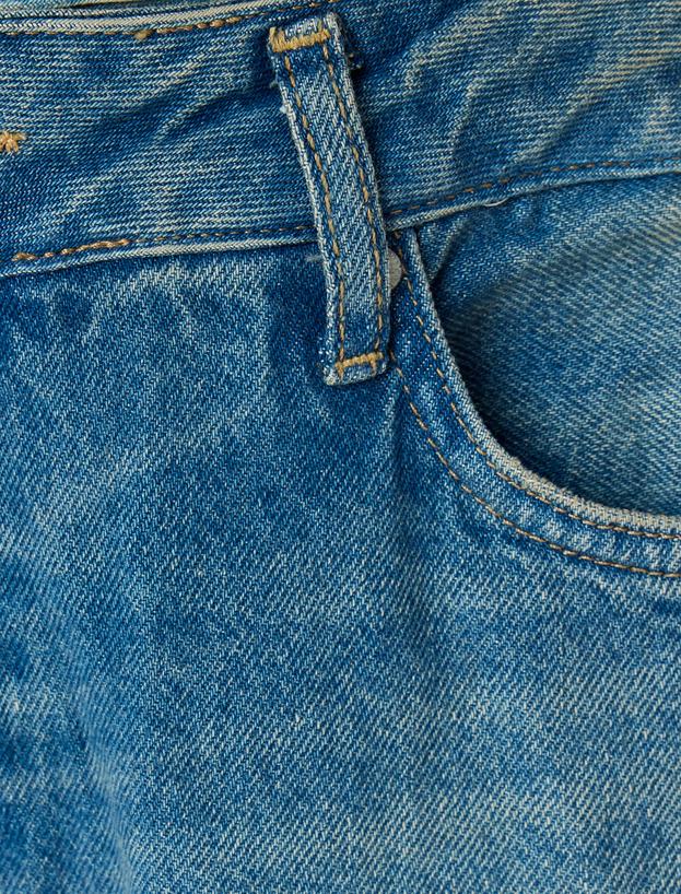 Bol Kot Pantolon Çift Bel Detaylı Düğmeli Yıkamalı - Loose Straight Fit Jean_5