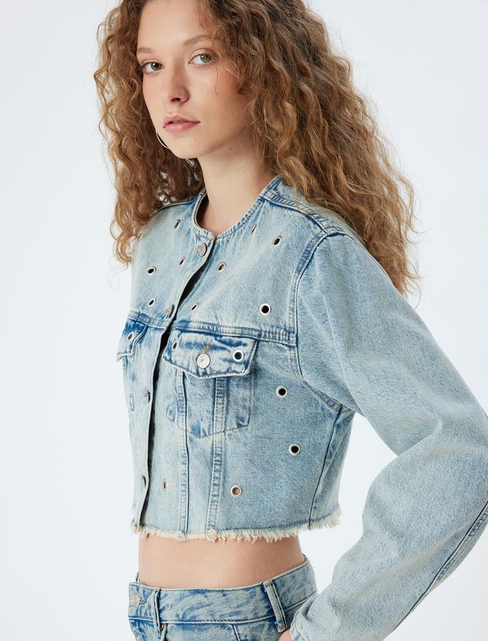  Crop Kot Ceket Yuvarlak Yaka Kuşgözü Detaylı Cepli Düğmeli