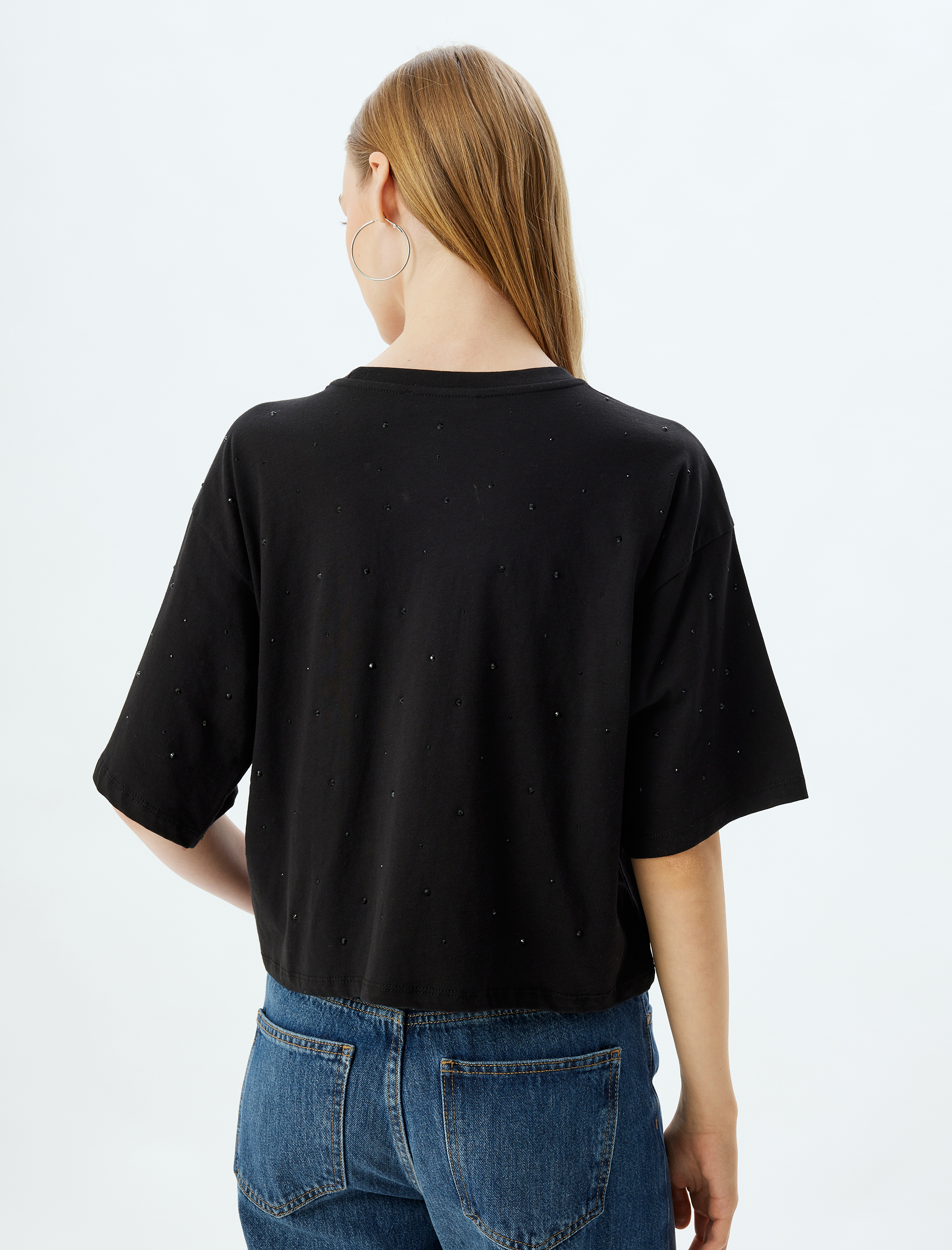   Oversize Tişört Bisiklet Yaka Taş Detaylı Kısa Kollu