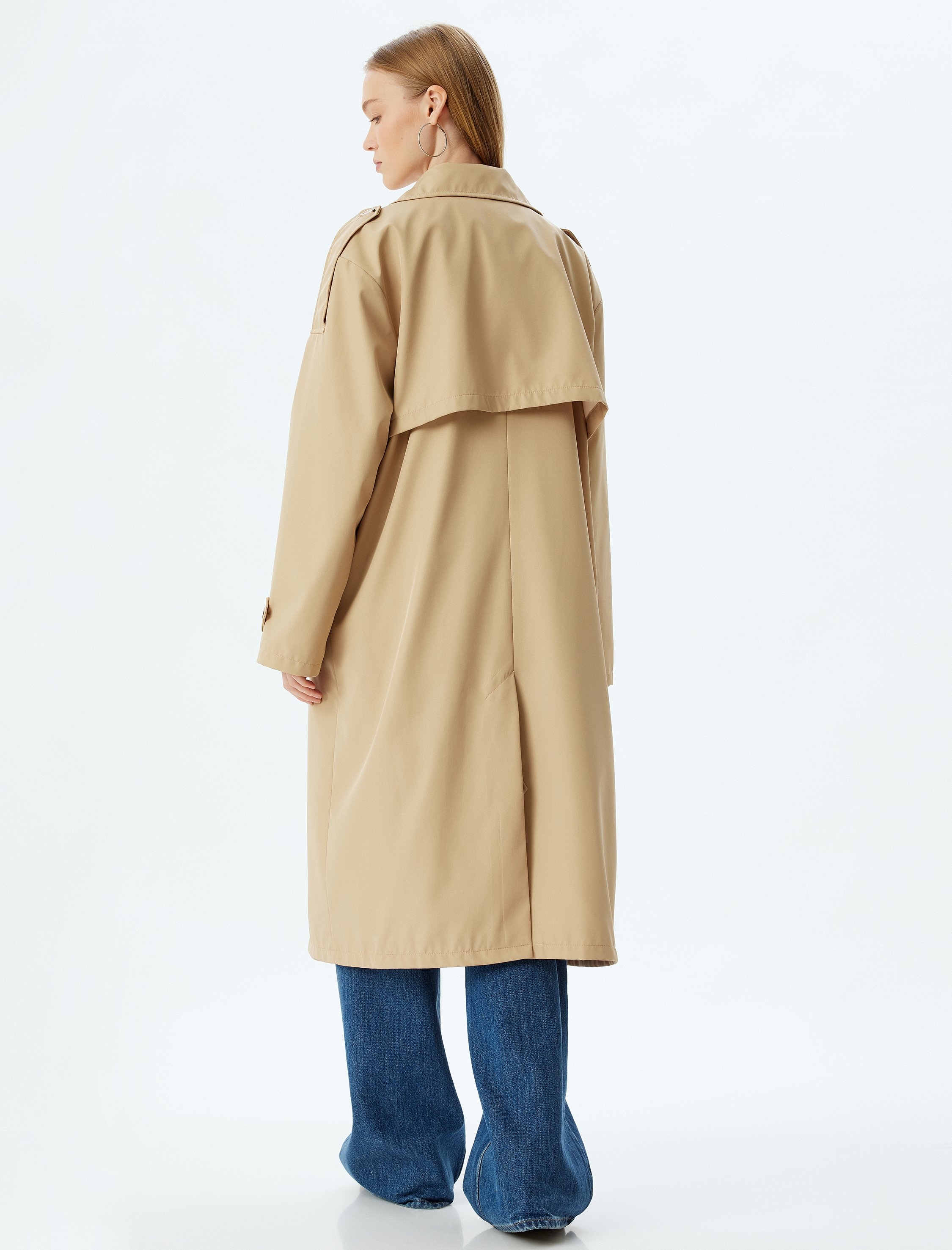   Oversize Trençkot Kruvaze Yaka Apoletli Düğmeli Cep Detaylı