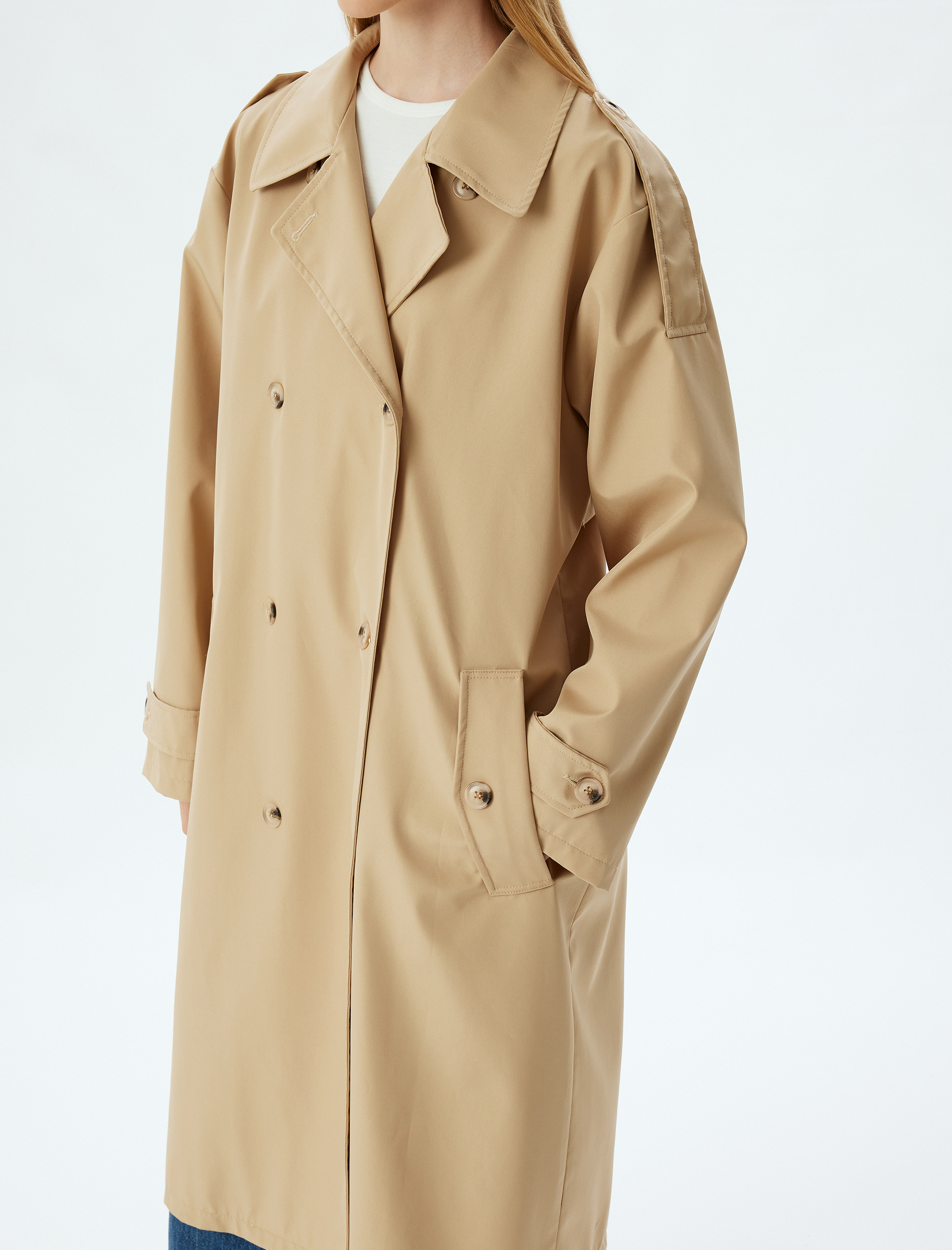   Oversize Trençkot Kruvaze Yaka Apoletli Düğmeli Cep Detaylı