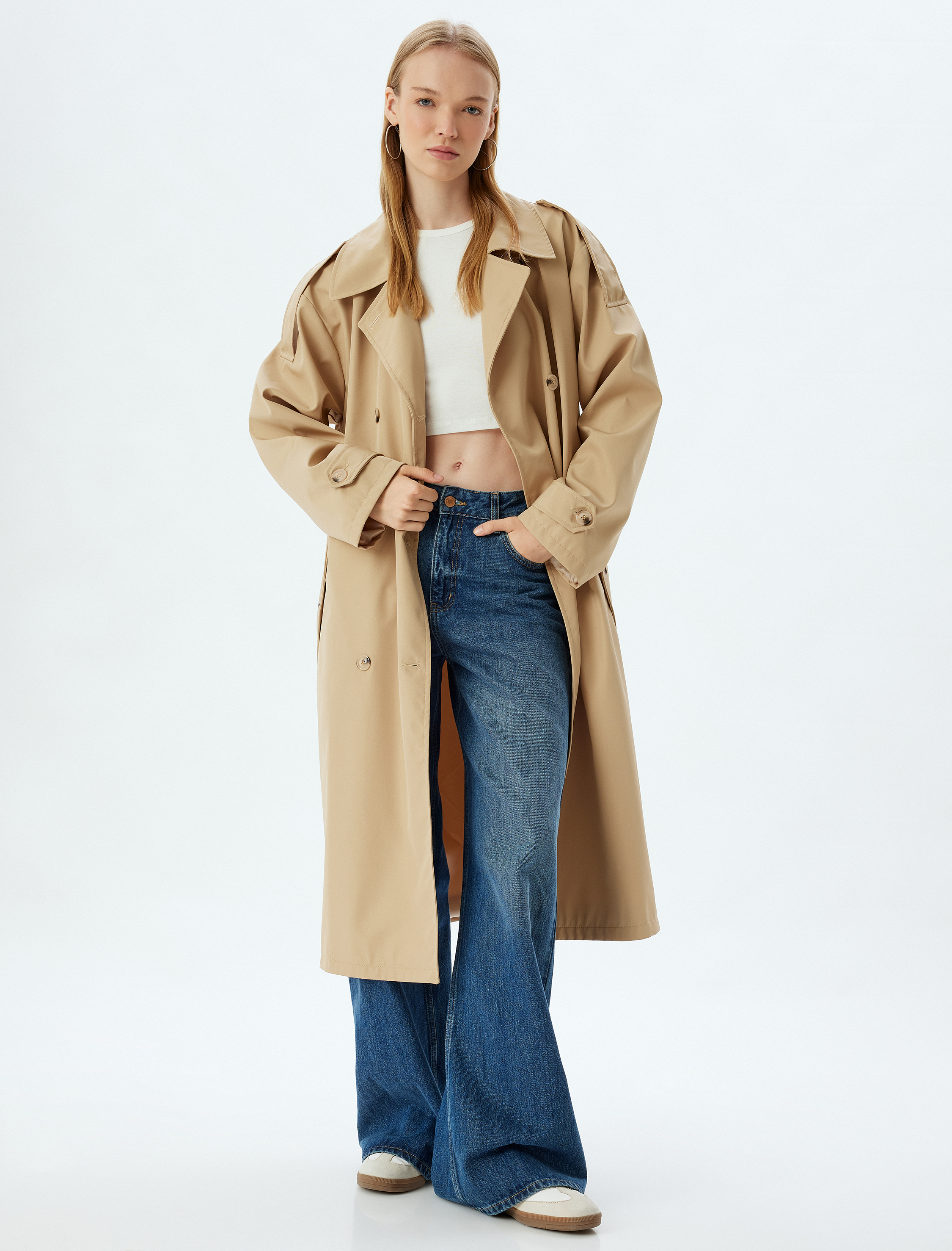   Oversize Trençkot Kruvaze Yaka Apoletli Düğmeli Cep Detaylı