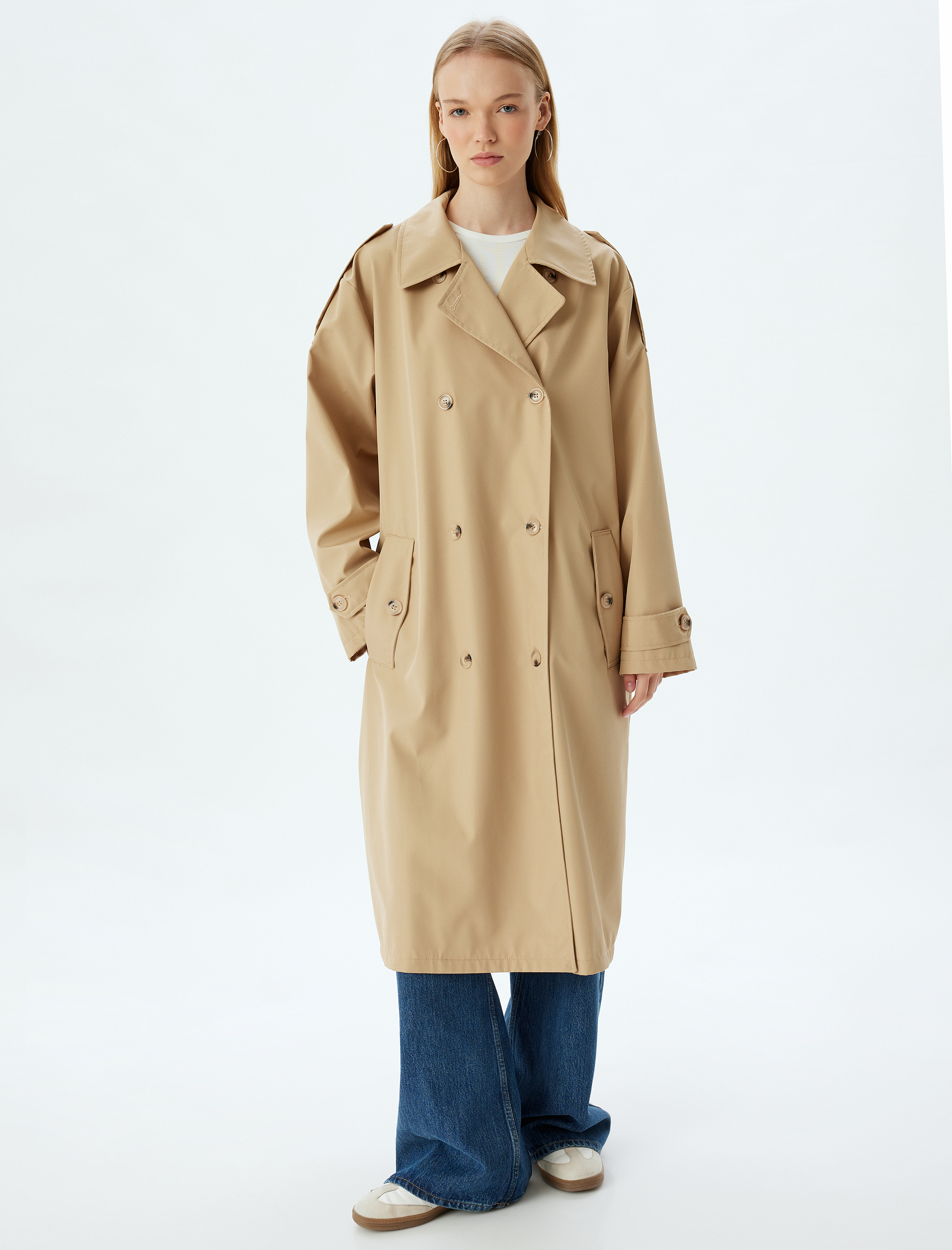   Oversize Trençkot Kruvaze Yaka Apoletli Düğmeli Cep Detaylı