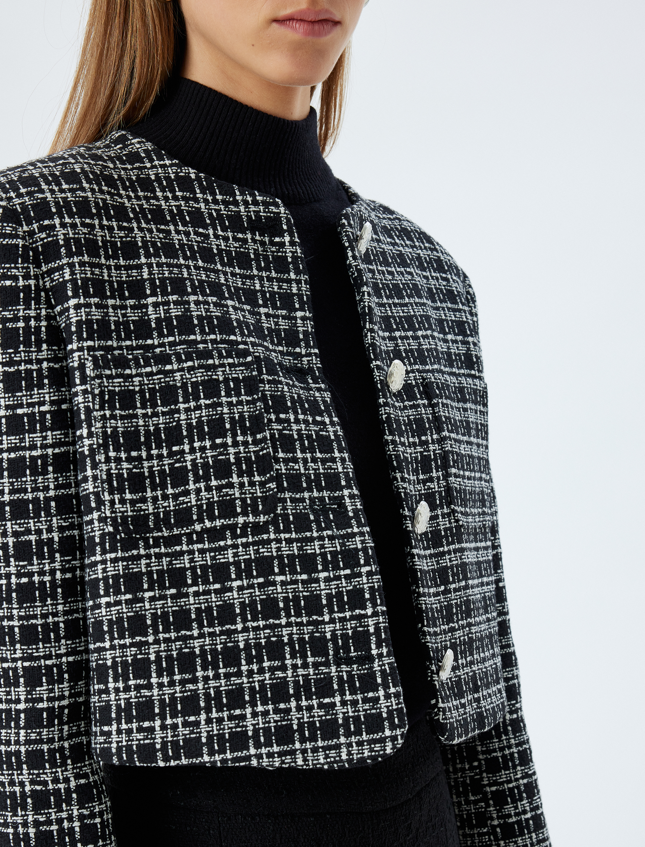   Tüvit Crop Ceket Yuvarlak Yaka Cep Detaylı Düğmeli