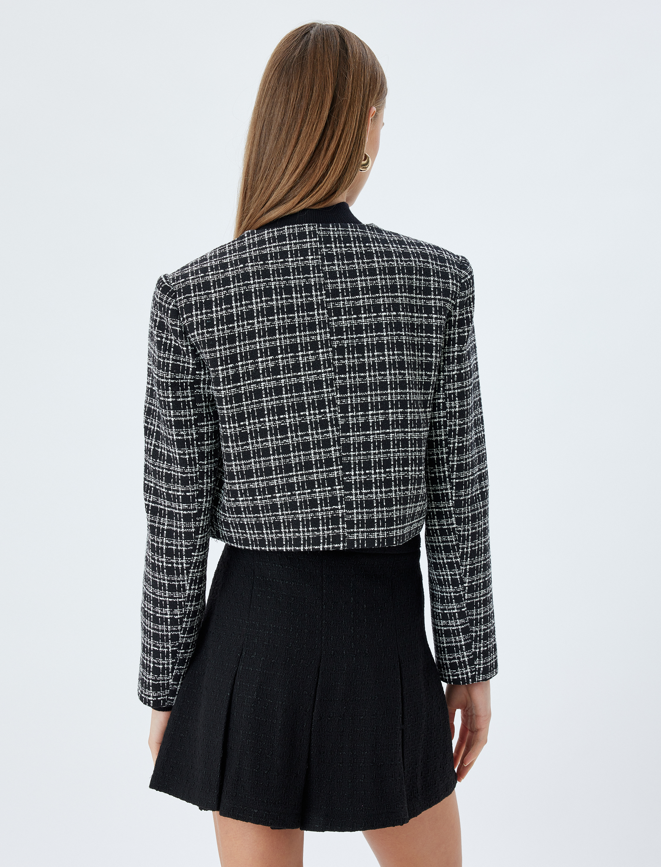   Tüvit Crop Ceket Yuvarlak Yaka Cep Detaylı Düğmeli