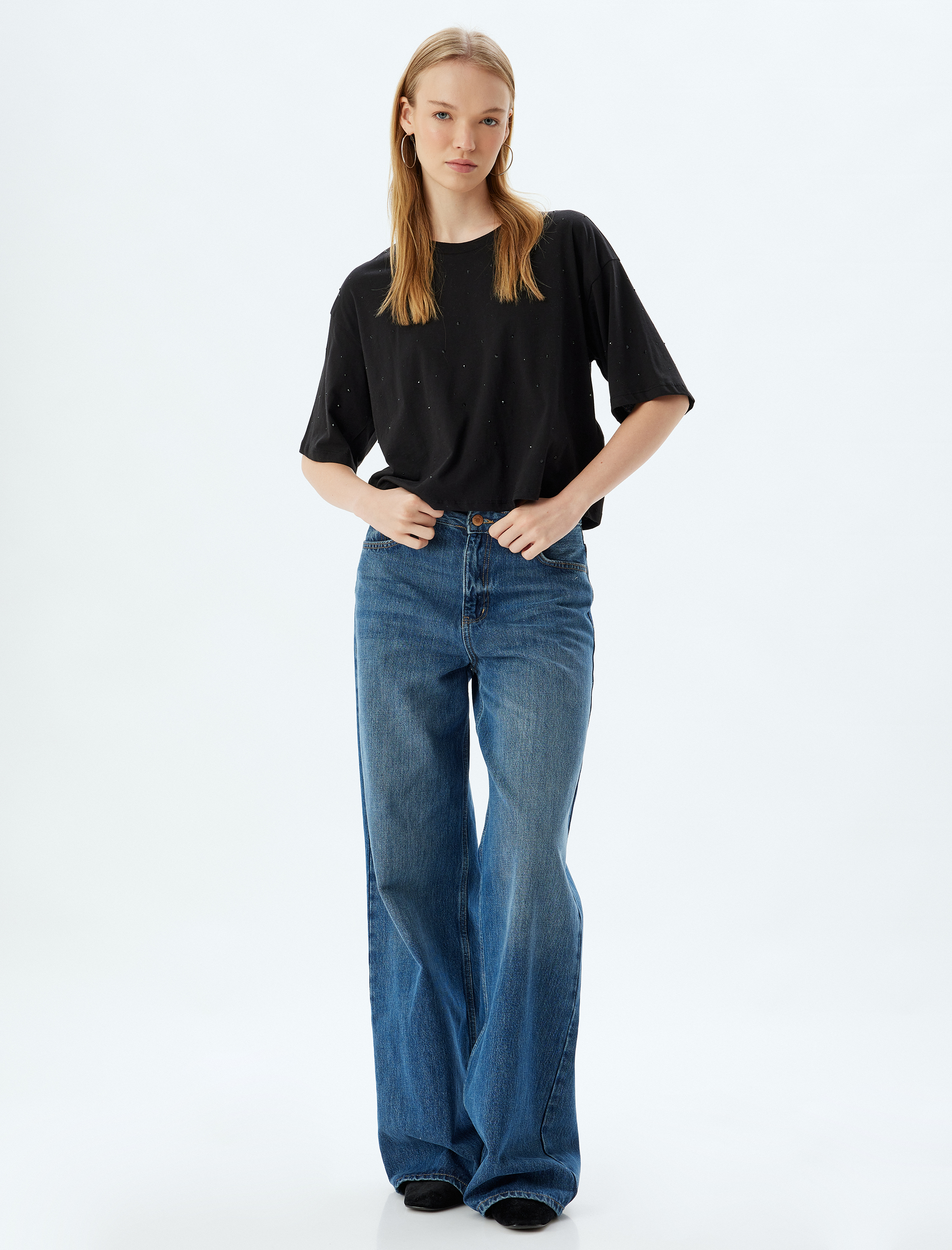   Oversize Tişört Bisiklet Yaka Taş Detaylı Kısa Kollu