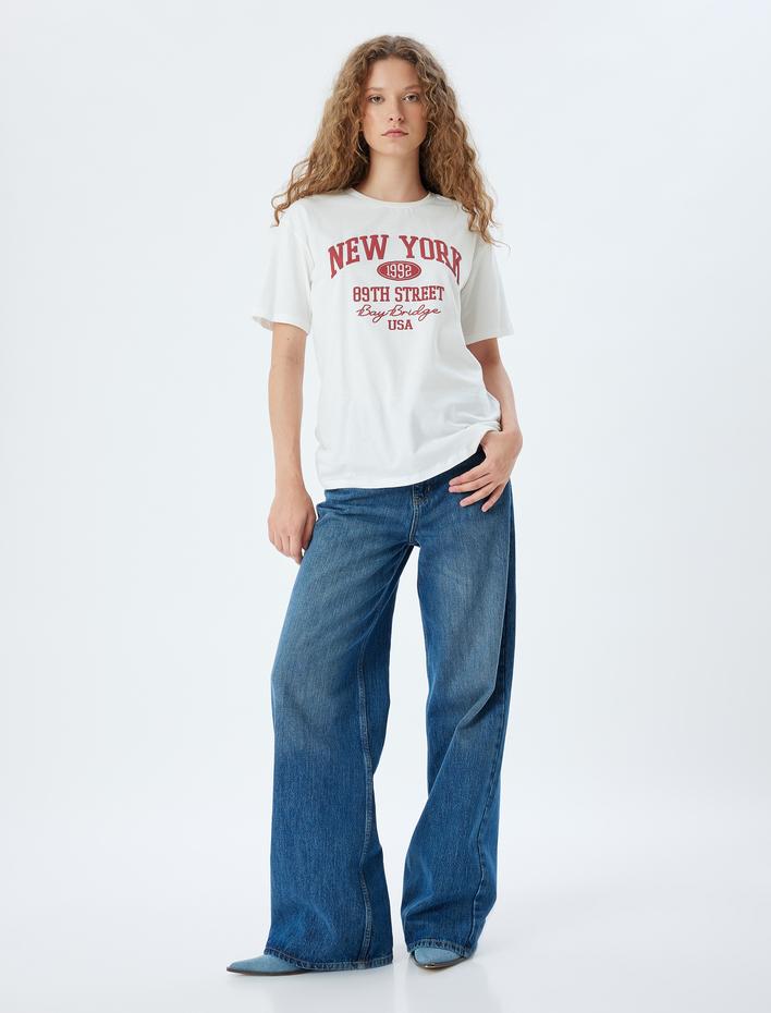  Kolej Baskılı Kısa Kollu Oversize Bisiklet Yaka Tişört