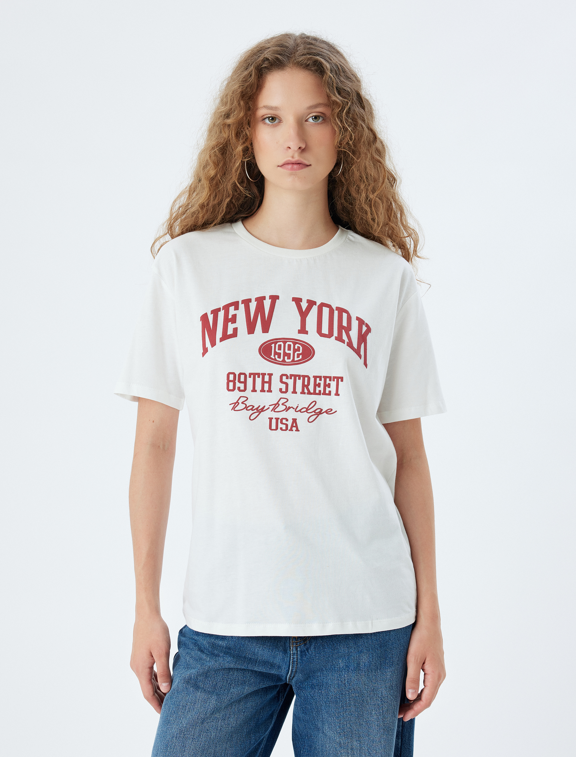 Kolej Baskılı Kısa Kollu Oversize Bisiklet Yaka Tişört