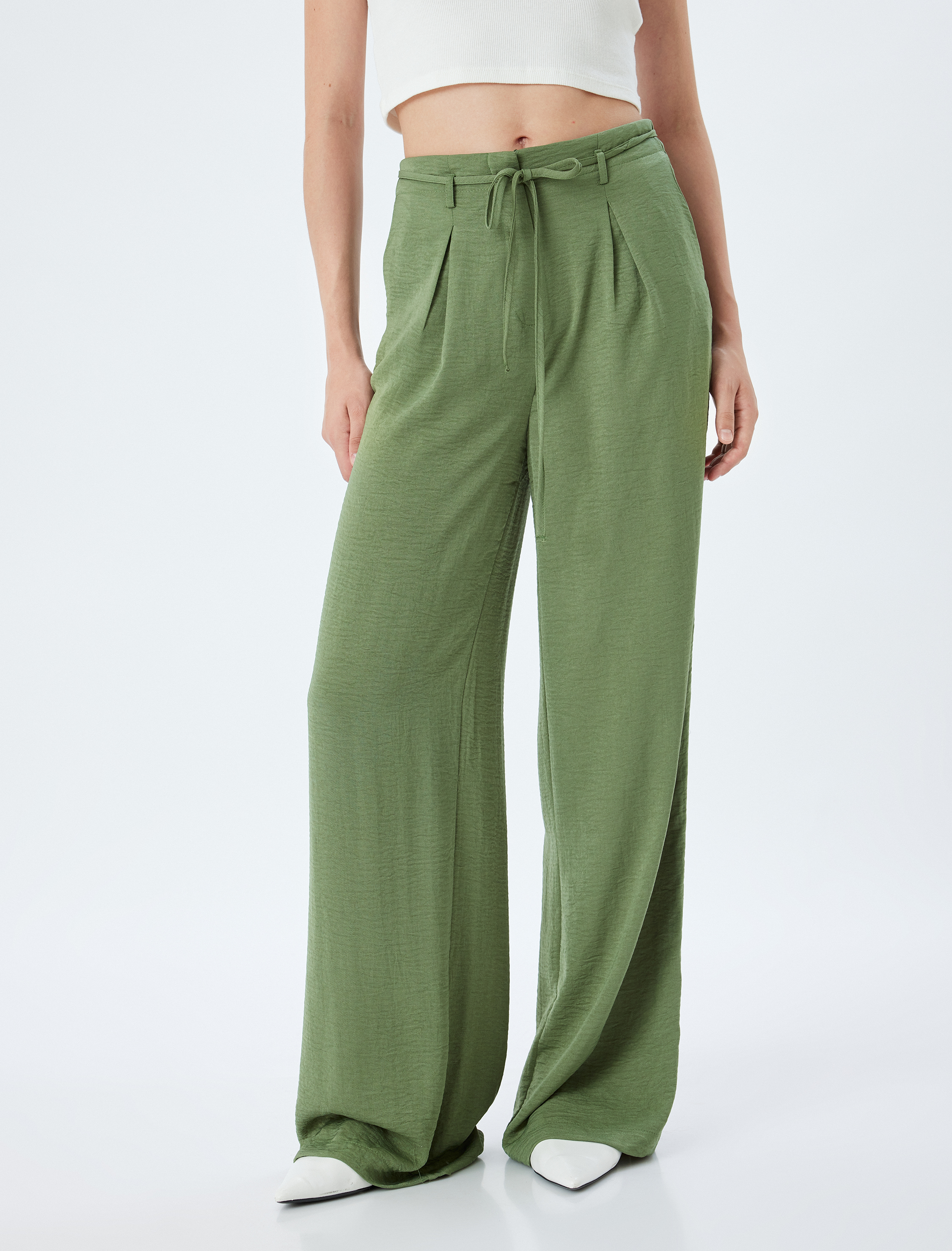   Geniş Paça Pantolon Düğmeli Beli Bağcıklı Normal Bel