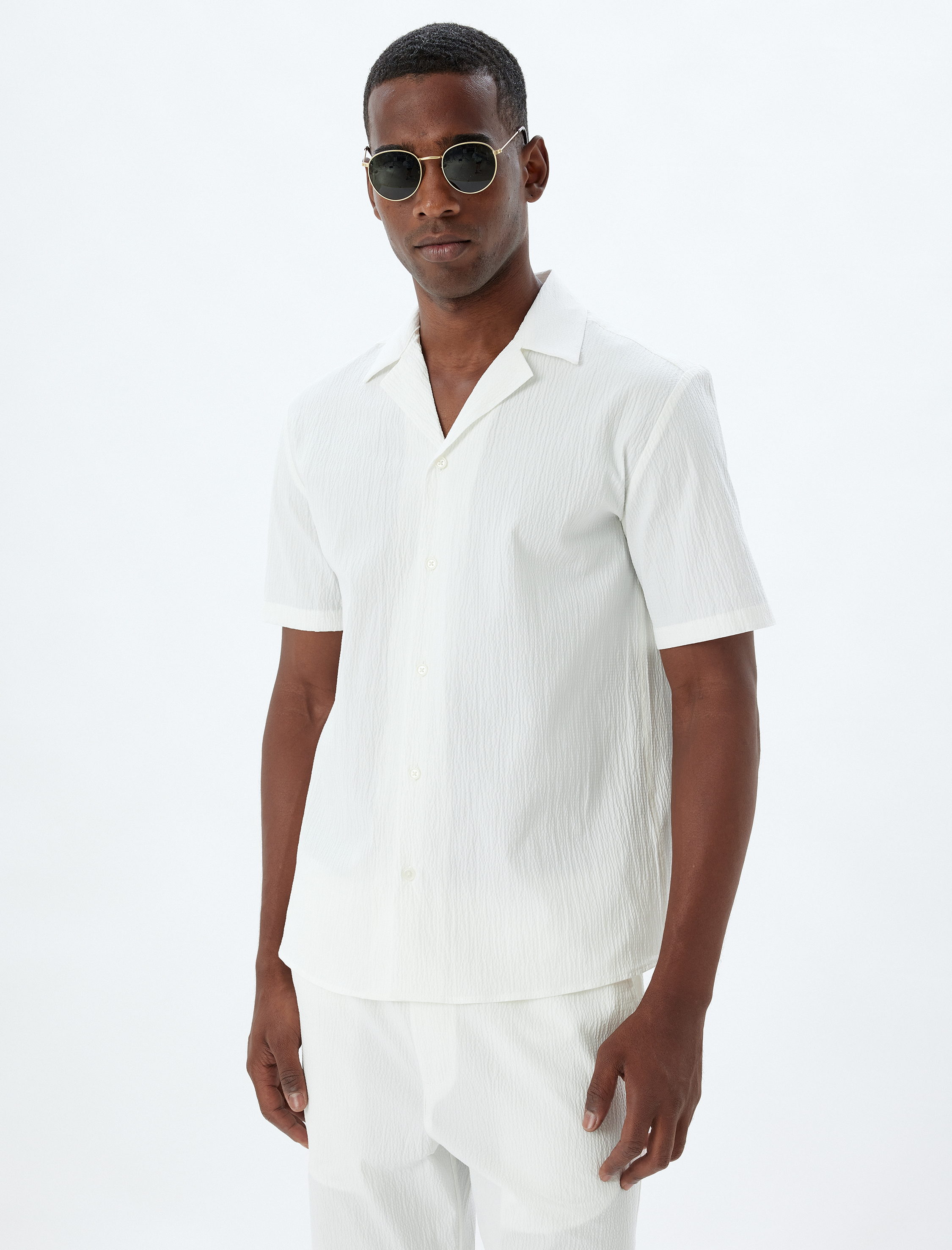   Kısa Kollu Gömlek Basic Dokulu Pamuklu Regular Fit