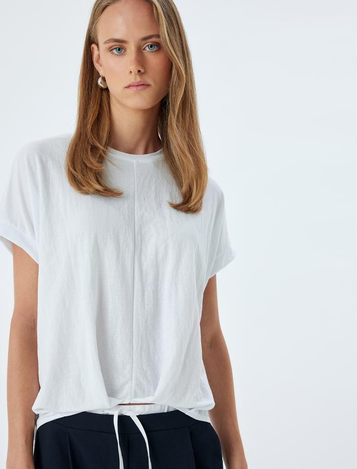  Düşük Omuz Kısa Kollu Bluz Rahat Kalıp Yuvarlak Yaka