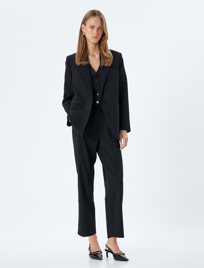  Pile Detaylı Crop Paça Cepli Kumaş Pantolon