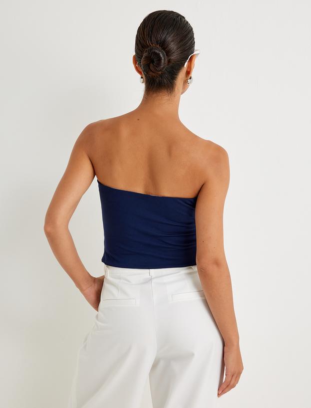 Straplez Crop Üst Yanları Şerit Detaylı Pamuklu Slim Fit_3