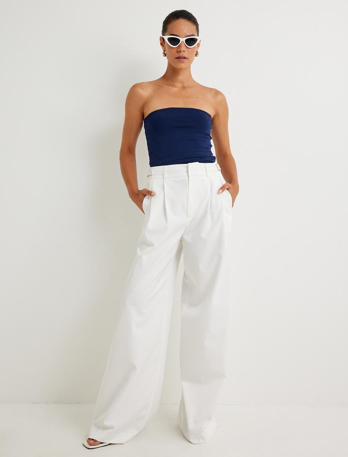  Straplez Crop Üst Yanları Şerit Detaylı Pamuklu Slim Fit