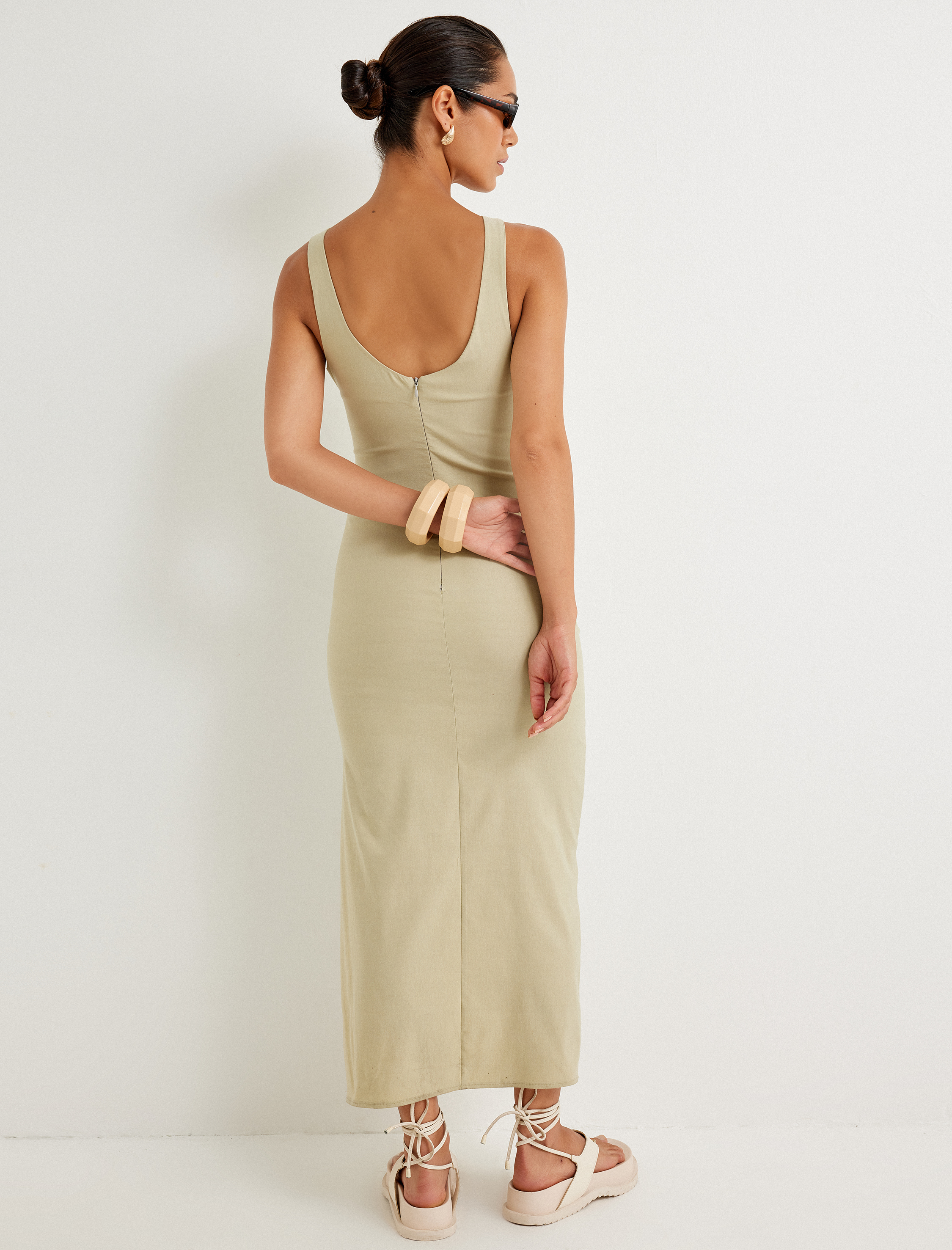   Koton X Sima Tarkan - Uzun Kalem Viskon Elbise Kolsuz Yuvarlak Yaka Yırtmaç Detaylı