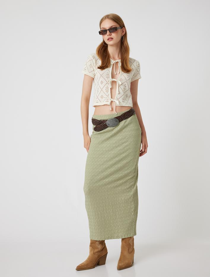  Midi Kalem Etek Yüksek Bel Yırtmaç Detaylı Dokulu Bürümcük