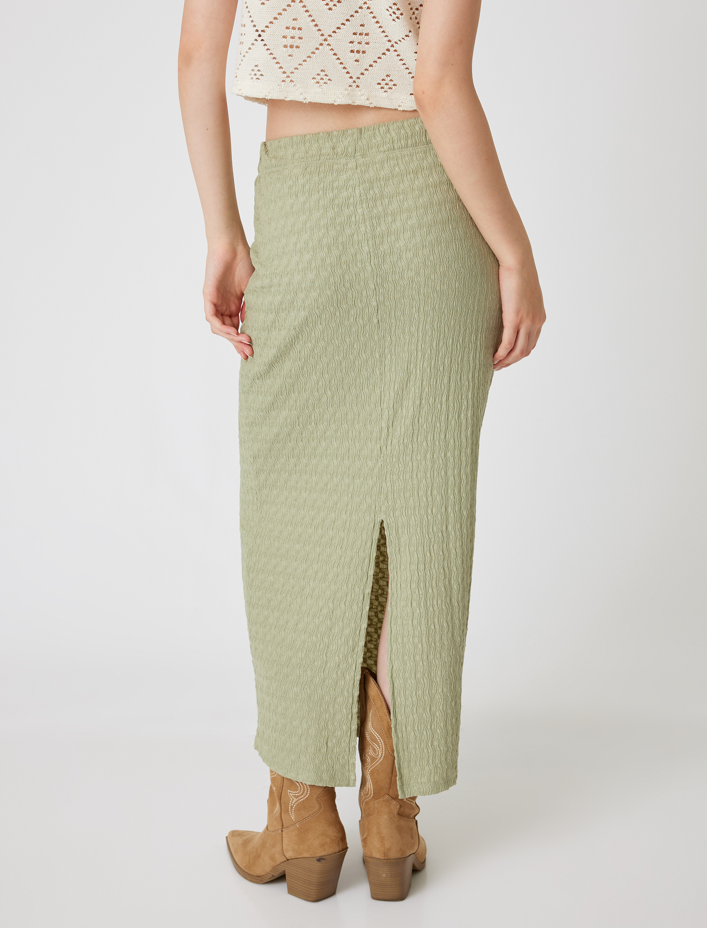 Midi Kalem Etek Yüksek Bel Yırtmaç Detaylı Dokulu Bürümcük