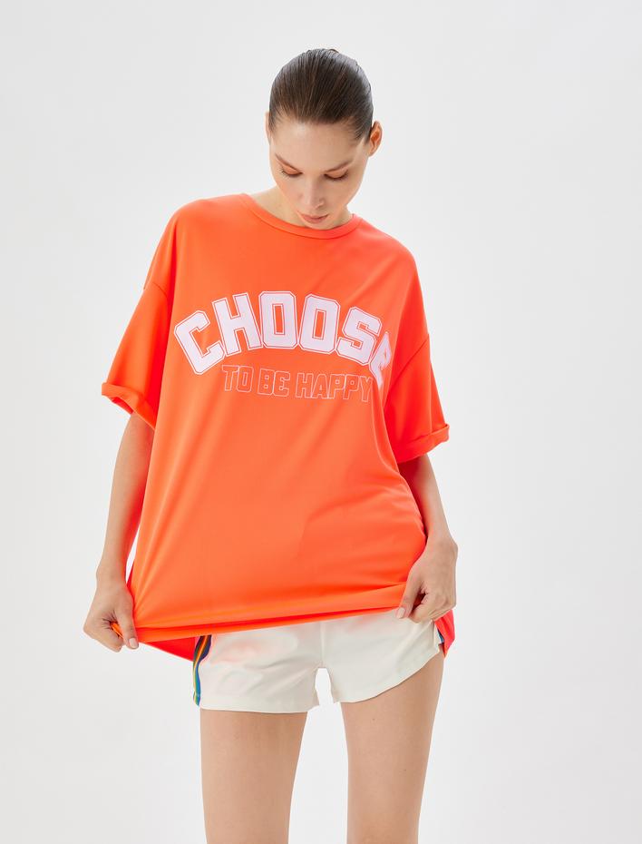  Oversize Spor Tişört Slogan Baskılı Bisiklet Yaka Kısa Kollu