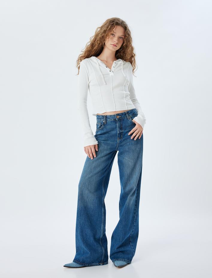  Uzun Kollu Kapüşonlu Fitilli Pamuklu Tişört