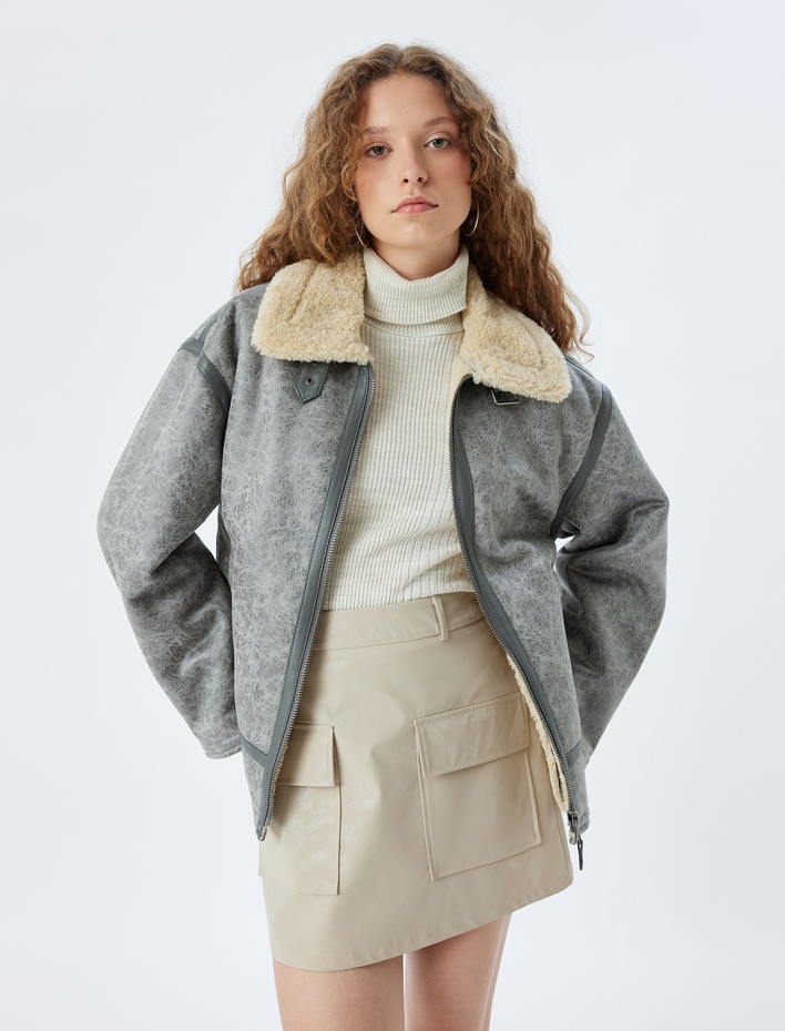  Oversize Suni Deri Ceket Klasik Peluş Yaka Fermuarlı Cep Detaylı