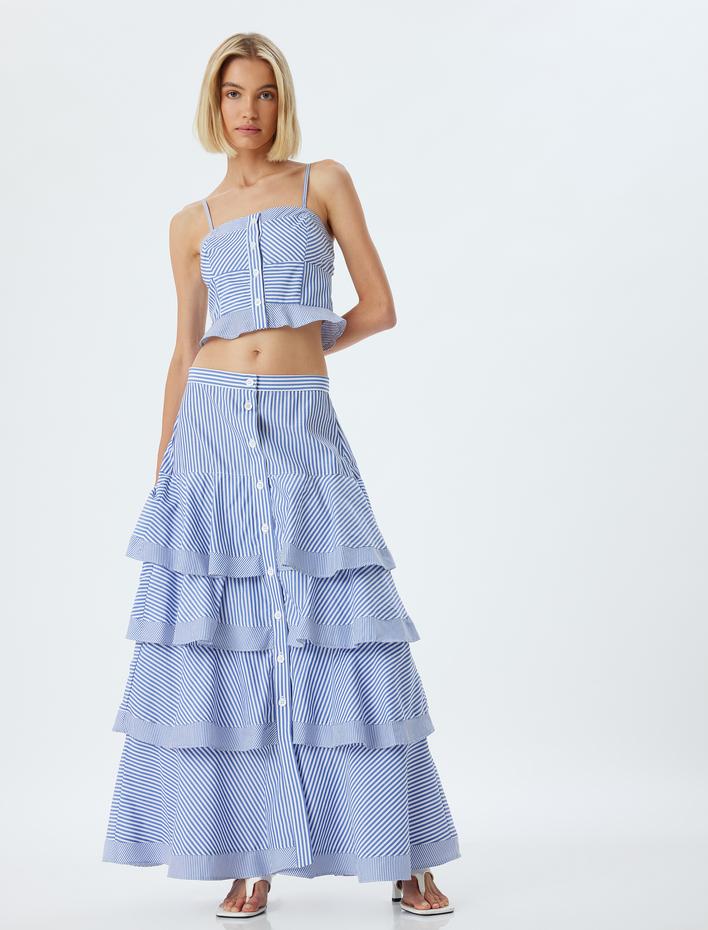  Koton X Melis Ağazat - Katlı Fırfırlı Uzun Çan Etek Düğmeli