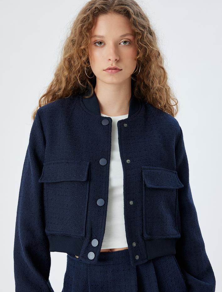  Tüvit Bomber Ceket Hakim Yaka Düğmeli Cepli